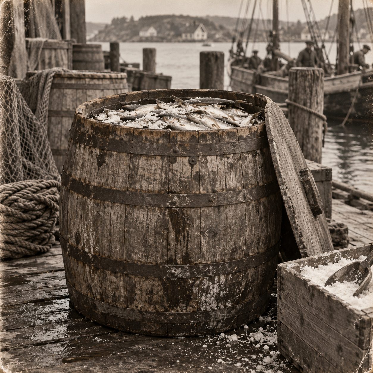 En stor sildetønne full av sild og salt på en kai, med fiskegarn, tau og båter i bakgrunnen, i sepiatoner.