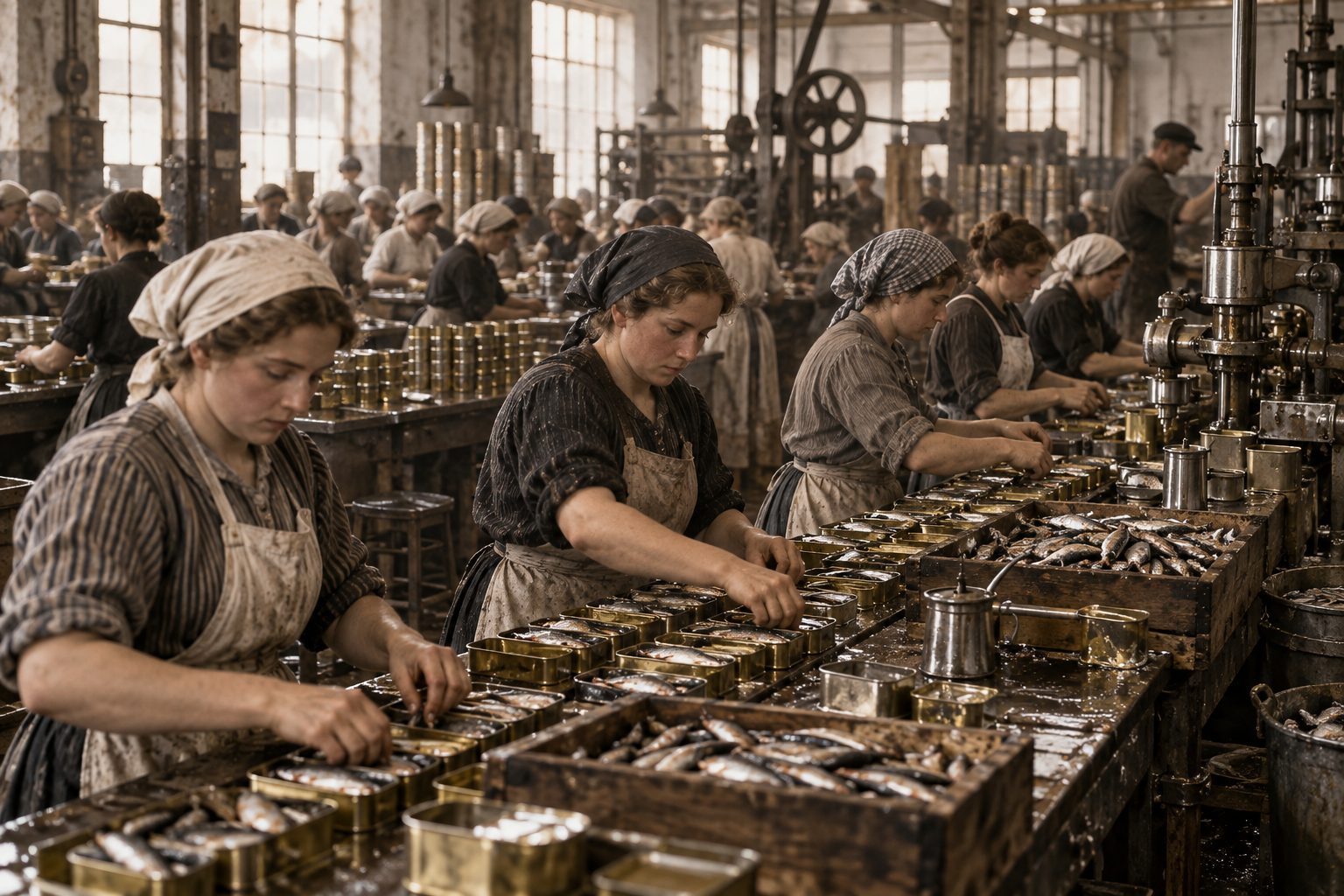 Kvinnelige fabrikkarbeidere legger brisling i metallbokser ved lange arbeidsbord i en stor hermetikkfabrikk med tunge maskiner.