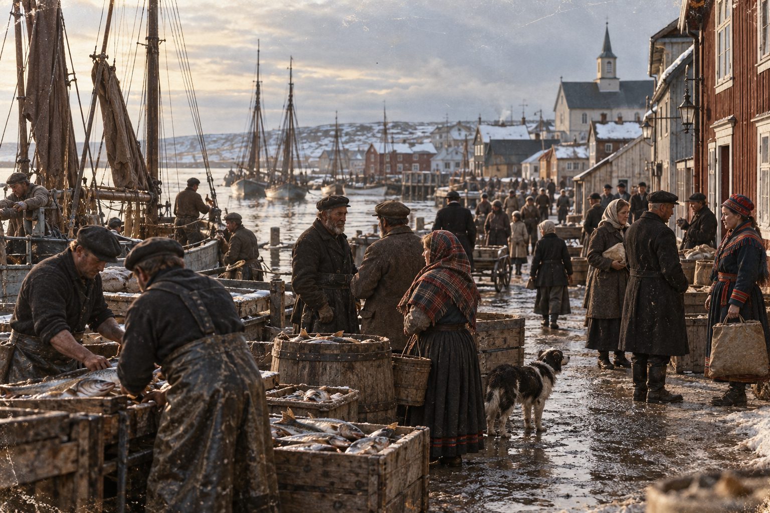 Havnemarked i vinterlys med fiskekasser og tønner i forgrunnen, folk i frakker og tradisjonelle drakter, en hund, en kirke og skip ved kaia.
