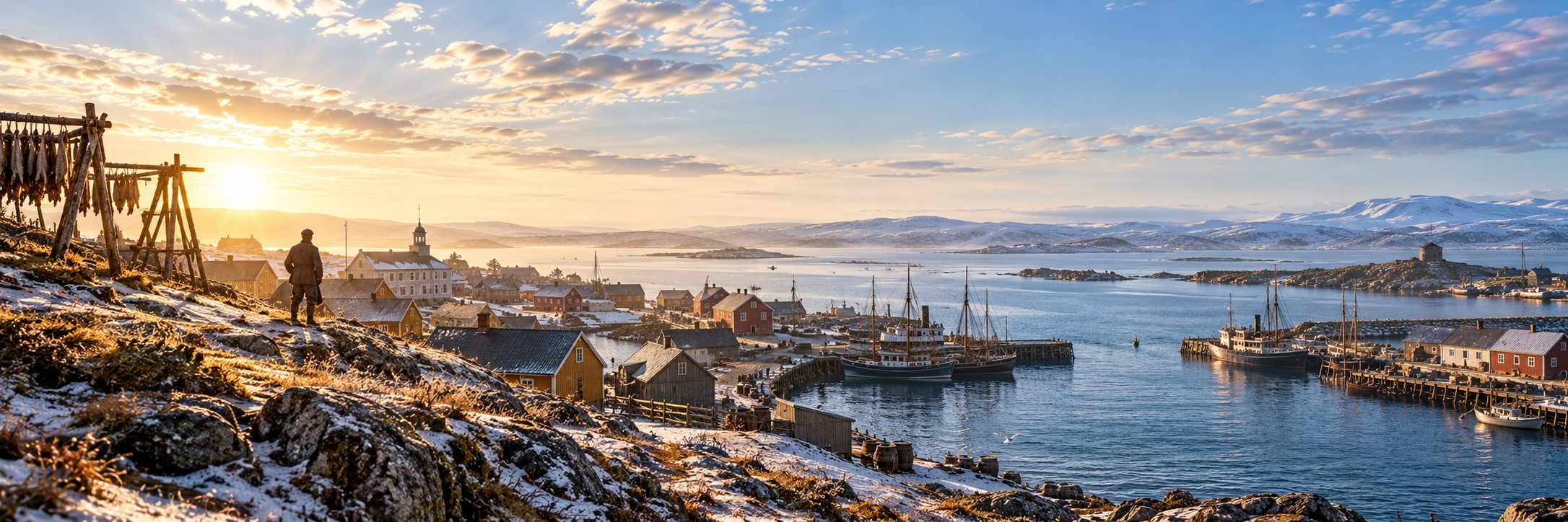 Havneby i Finnmark i vinterlys, med tørkehjell for fisk, trehus, skip ved kaia og snødekte fjell i det fjerne.