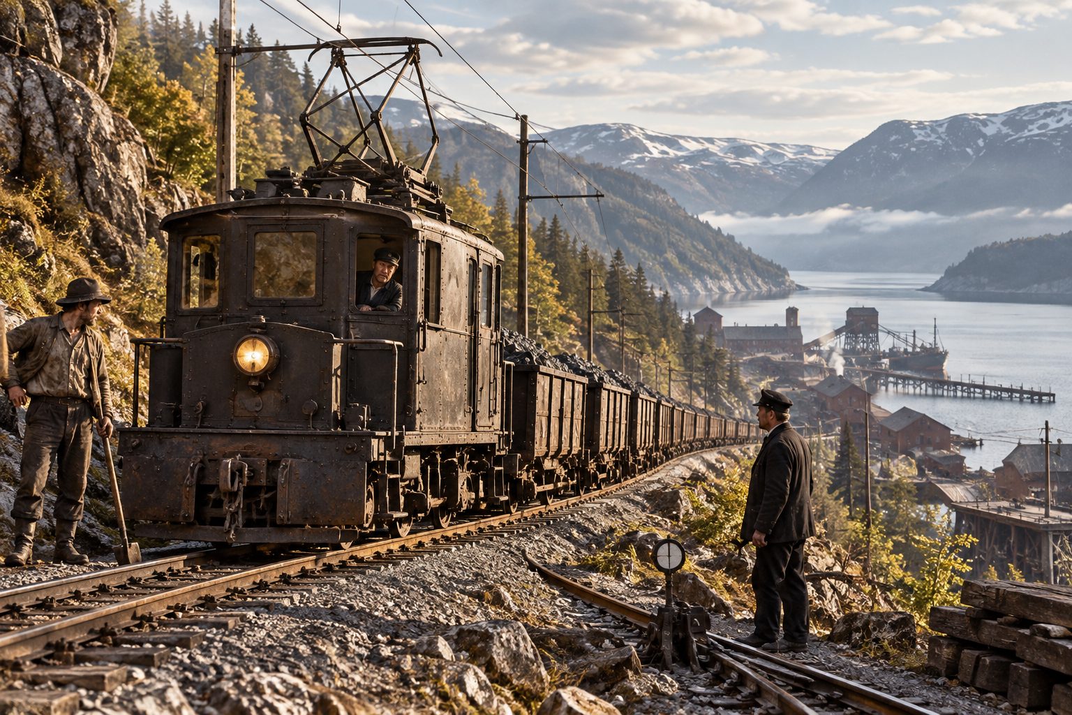 Elektrisk malmlokomotiv med lastede vogner på en fjellside, en arbeider med spade og en banevokter ved sporet, og kaianlegg ved fjorden.