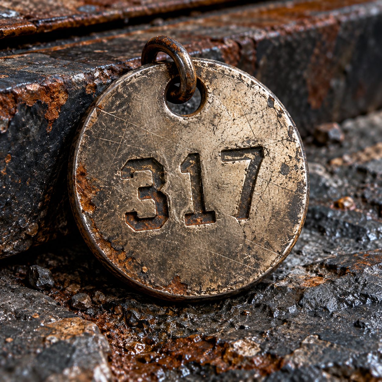 Et slitt, rustent skiftmerke i metall med tallet 317, lent mot rustent jern og mørk stein.
