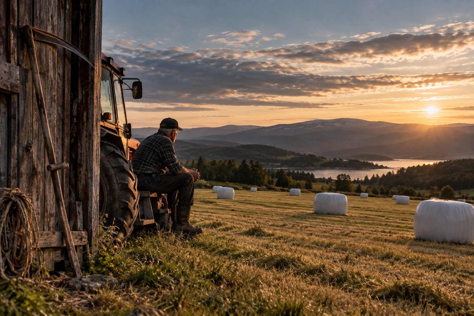 En eldre mann hviler mot traktoren ved låveveggen og ser utover slåttemark med rundballer og fjord i solnedgang, med en ljå lent mot veggen.