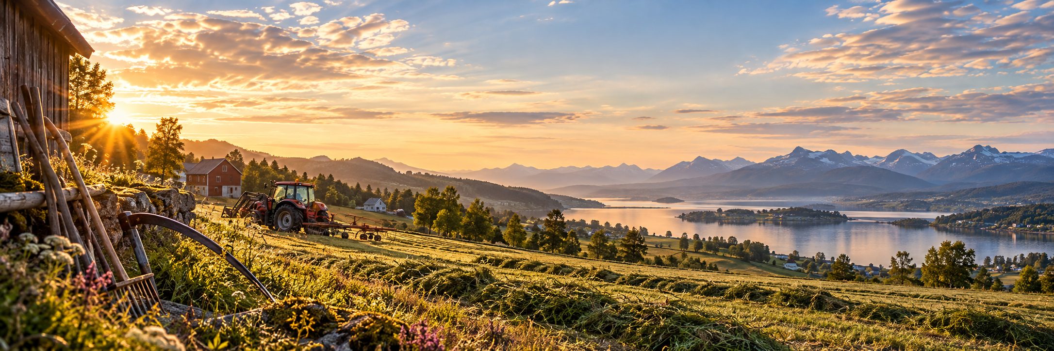 Slåttemark i morgensol med høystrenger, traktor og rive, en ljå og redskap lent mot låveveggen, og fjord med fjell bak.